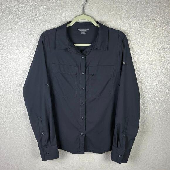 Eddie Bauer Women’s Size Large Black Button Up Lightweight 100% Polyester Shirt - Picture 1 of 9